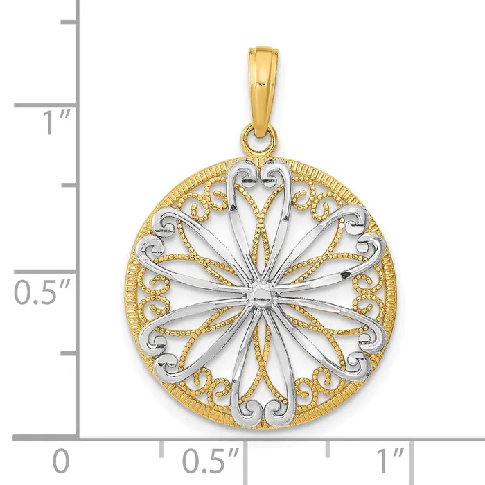 Goldia Charm Necklaces 14k Yellow Rhodium Gold wRhodium Filigree Center Round Charm