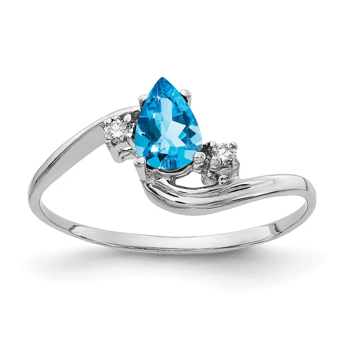 Goldiacom 14k White Gold 6x4mm Pear Blue Topaz A Real Diamond ring Rings