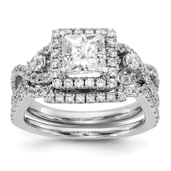 Goldiacom 14K White Gold Diamond Princess CZ Cushion Halo Engagement Ring Rings