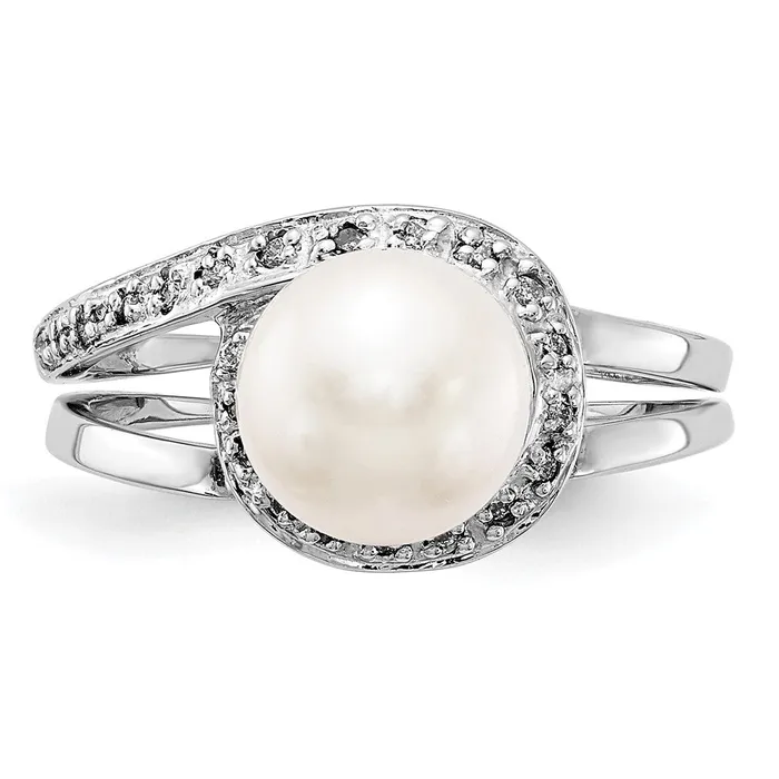 Goldiacom Rings 14k White Gold 75mm FW Cultured Pearl AAA Real Diamond ring