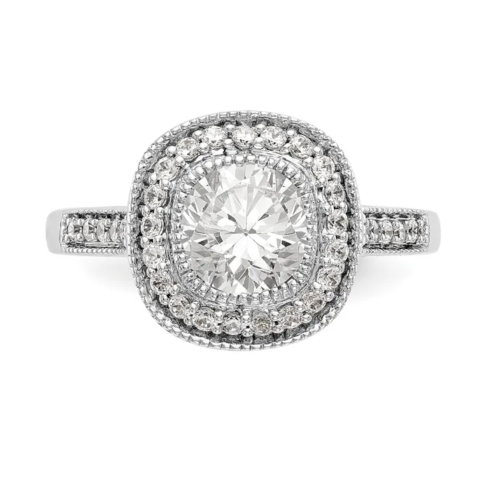 Goldiacom Rings 14K White Gold Round Simulated Diamond Cushion Halo Engagement Ring