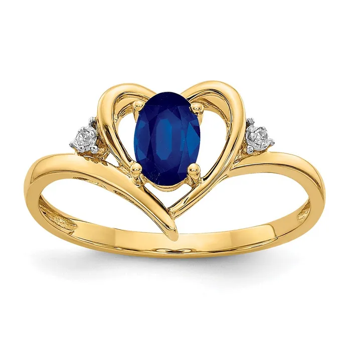 Goldiacom Rings 14K Yellow Gold Sapphire and Real Diamond Heart Ring