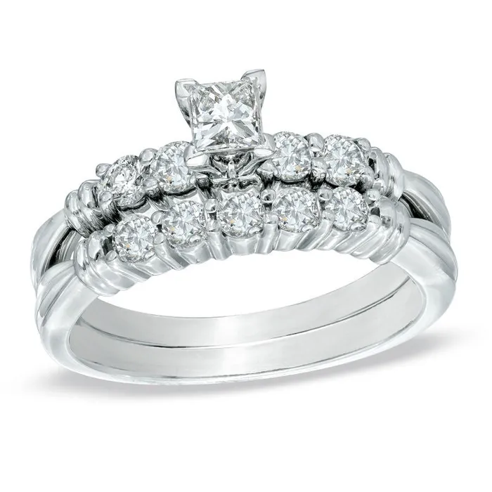 Goldiacom Rings 34 CT TW PrincessCut Diamond Bridal Engagement Ring Set in 14K White Gold Goldiacom Rings 34 CT TW PrincessCut Diamond Bridal Engagement Ring Set in 14K White Gold