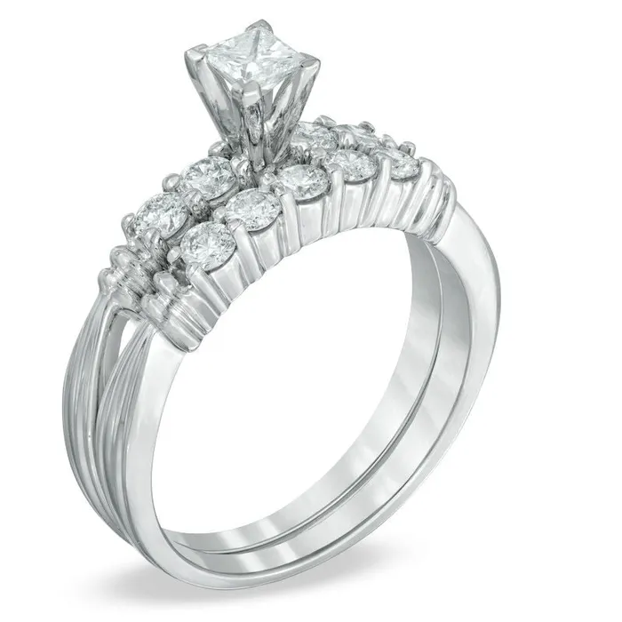 Goldiacom Rings 34 CT TW PrincessCut Diamond Bridal Engagement Ring Set in 14K White Gold