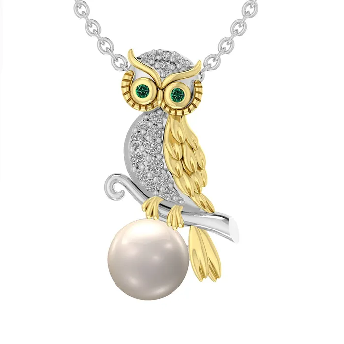 Goldia Cultured Freshwater Pearl LabCreated White Sapphire and Emerald Owl Pendant in Sterling Silver and 14K Gold Plate Necklaces Goldia Cultured Freshwater Pearl LabCreated White Sapphire and Emerald Owl Pendant in Sterling Silver and 14K Gold Plate Necklaces