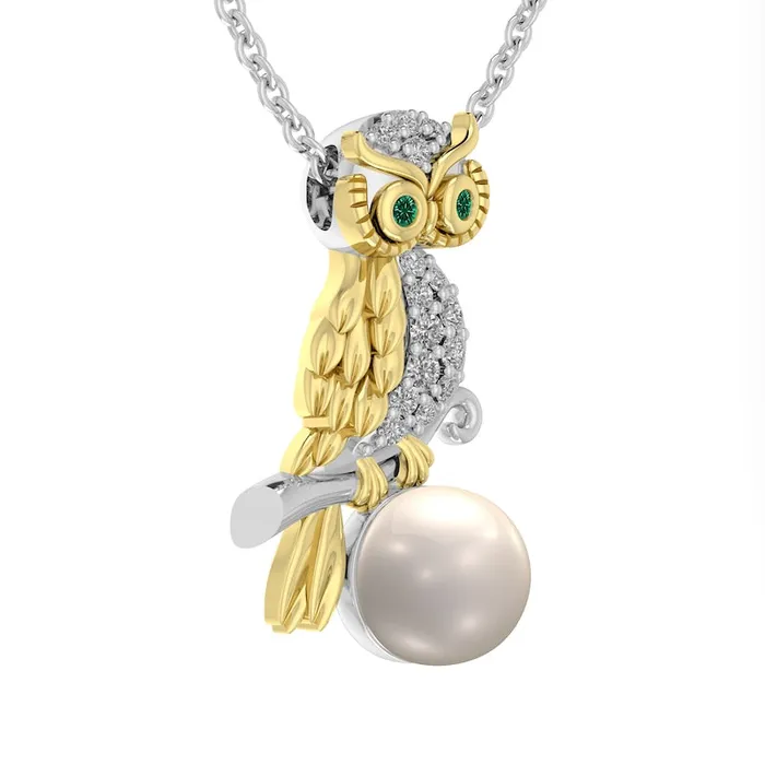 Goldia Cultured Freshwater Pearl LabCreated White Sapphire and Emerald Owl Pendant in Sterling Silver and 14K Gold Plate Necklaces Goldia Cultured Freshwater Pearl LabCreated White Sapphire and Emerald Owl Pendant in Sterling Silver and 14K Gold Plate Necklaces