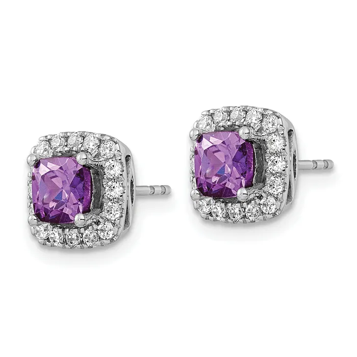 Goldia Earrings 14k White Gold 38 Ct Lab Grown Diamond VSSI G February Birthstone Amethyst Halo Post Earrings