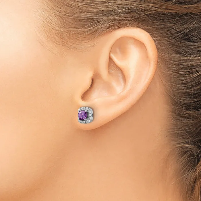 Goldia Earrings 14k White Gold 38 Ct Lab Grown Diamond VSSI G February Birthstone Amethyst Halo Post Earrings