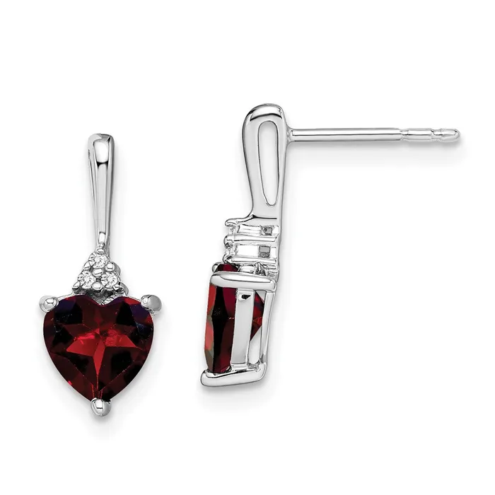 Goldia Earrings 14k White Gold Garnet and Real Diamond Heart Earrings