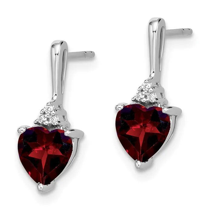 Goldia Earrings 14k White Gold Garnet and Real Diamond Heart Earrings
