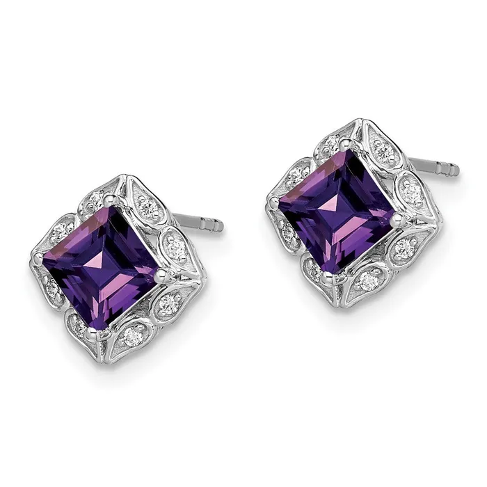 Goldia Earrings 14k White Gold Square Amethyst and Real Diamond Earrings