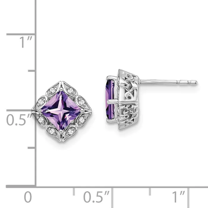 Goldia Earrings 14k White Gold Square Amethyst and Real Diamond Earrings