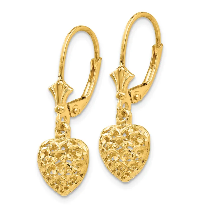 Goldia Earrings 14k Yellow Gold 3D Diamondcut Mini Puffed Heart Leverback Earrings
