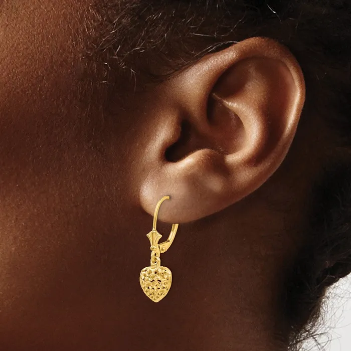 Goldia Earrings 14k Yellow Gold 3D Diamondcut Mini Puffed Heart Leverback Earrings