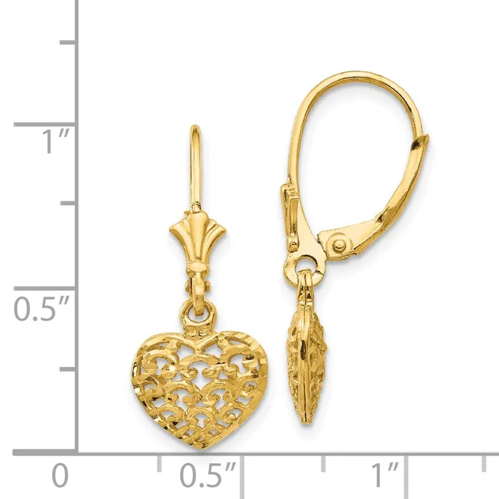 Goldia Earrings 14k Yellow Gold 3D Diamondcut Mini Puffed Heart Leverback Earrings