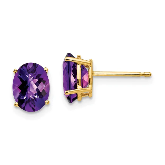 Goldia Earrings 14k Yellow Gold 8x6mm Oval Amethyst Checker Earrings