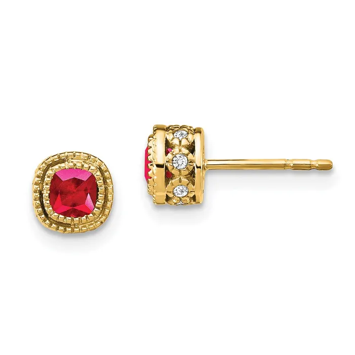Goldia Earrings 14k Yellow Gold Cushion Ruby and Real Diamond Earrings