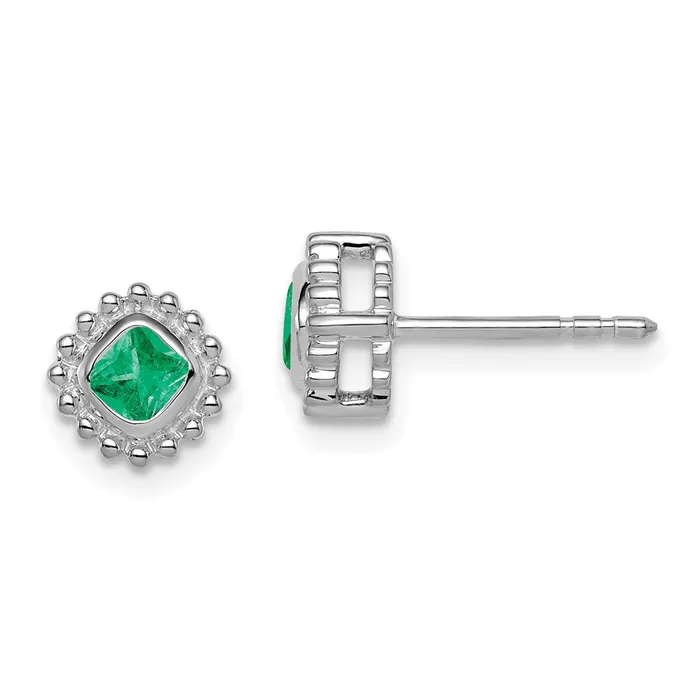 Goldia Earrings Solid 14k White Gold Cushion Simulated Emerald Earrings