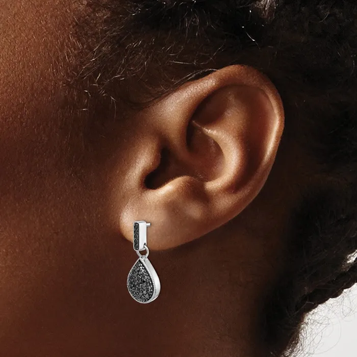 Goldia Earrings Solid 14k White Gold Simulated CZ BlacK Teardrop Dangle Post Earrings