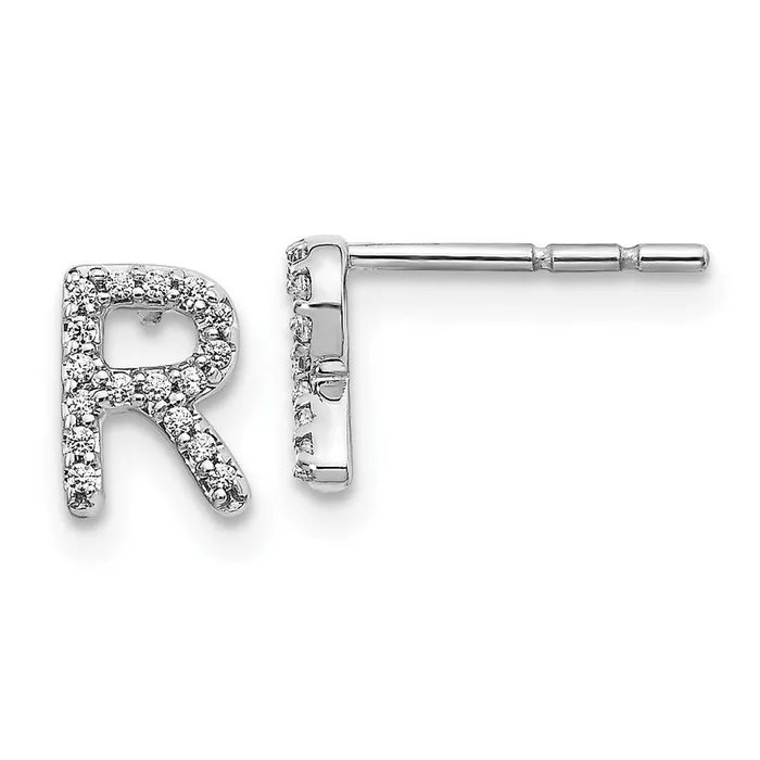Goldia Earrings Solid 14k White Gold Simulated CZ Initial R Earrings