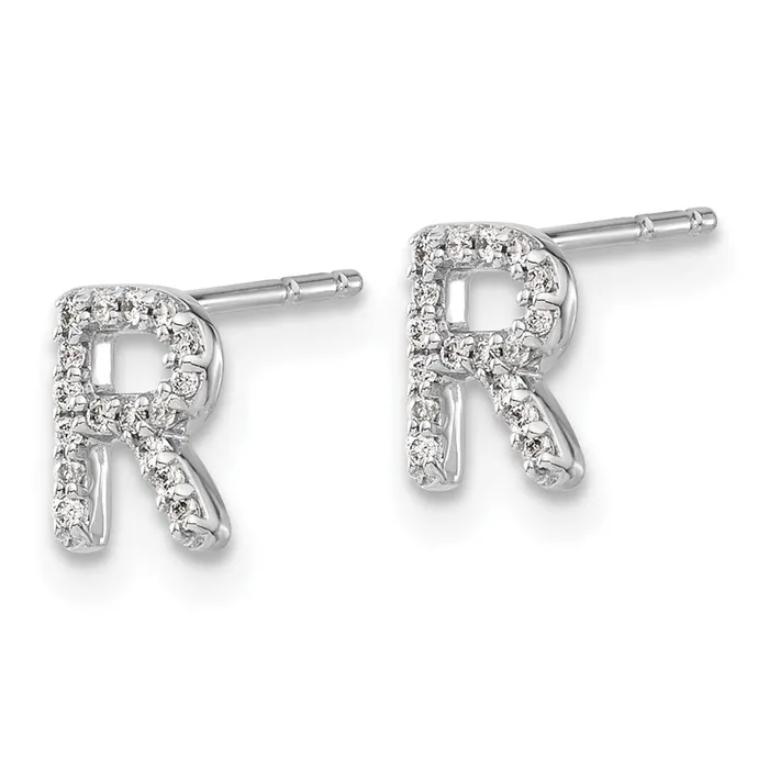 Goldia Earrings Solid 14k White Gold Simulated CZ Initial R Earrings
