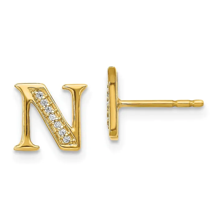 Goldia Earrings Solid 14k Yellow Gold Simulated CZ Initial N Earrings