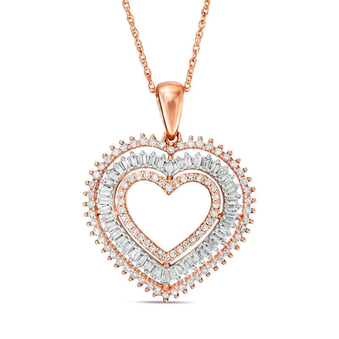 Goldia Necklaces 05 CT TW Baguette and Round Natural Diamond Triple Heart Pendant in 10K Rose Gold Goldia Necklaces 05 CT TW Baguette and Round Natural Diamond Triple Heart Pendant in 10K Rose Gold
