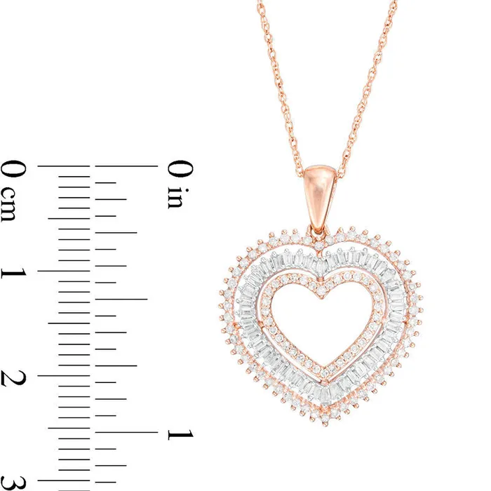 Goldia Necklaces 05 CT TW Baguette and Round Natural Diamond Triple Heart Pendant in 10K Rose Gold Goldia Necklaces 05 CT TW Baguette and Round Natural Diamond Triple Heart Pendant in 10K Rose Gold