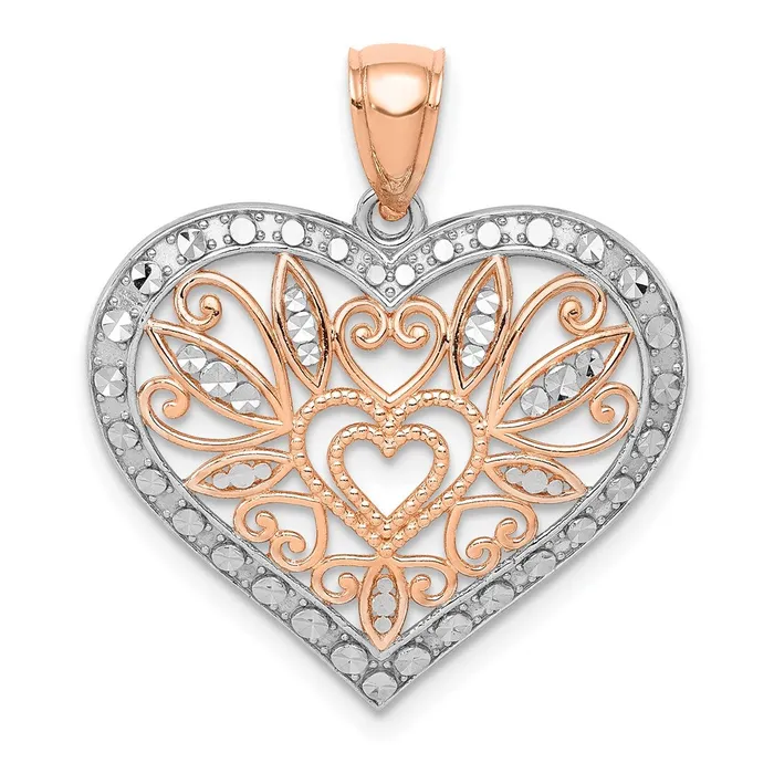 Goldia Necklaces 14k Rose Gold Rose wWhite Rhodium Polished Fancy Heart Pendant Goldia Necklaces 14k Rose Gold Rose wWhite Rhodium Polished Fancy Heart Pendant