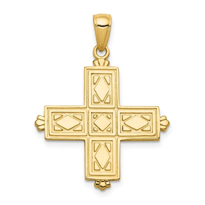 Goldia Necklaces 14k Yellow Gold Etched Square Cross wCrown Tips Pendant