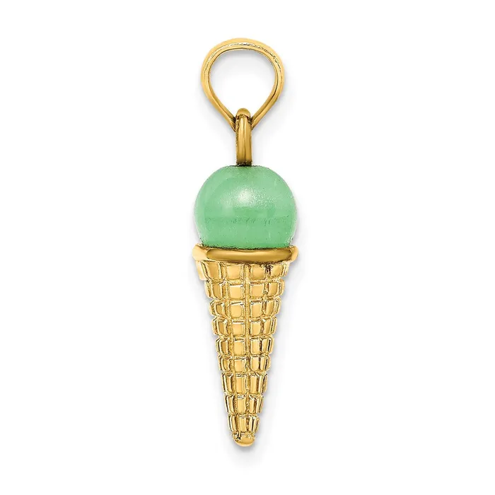 Goldia Necklaces 14k Yellow Gold Satin Polished 3D Green Bead Ice Cream Cone Pendant