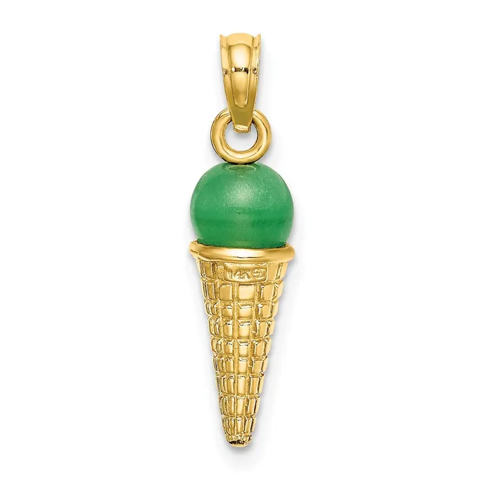 Goldia Necklaces 14k Yellow Gold Satin Polished 3D Green Bead Ice Cream Cone Pendant