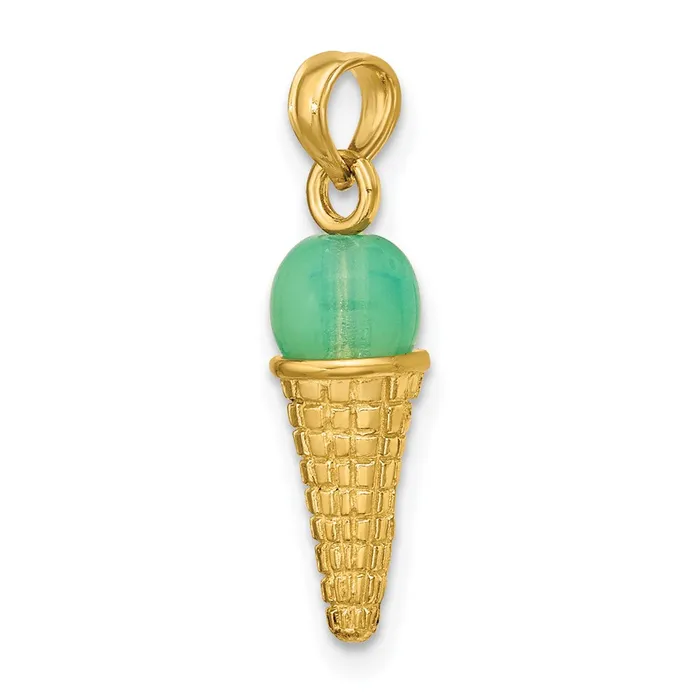 Goldia Necklaces 14k Yellow Gold Satin Polished 3D Green Bead Ice Cream Cone Pendant