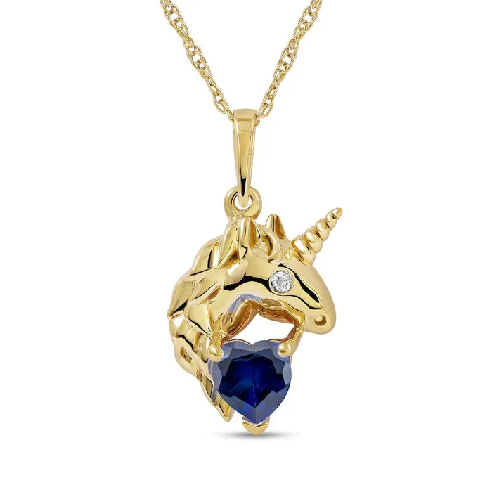 Goldia Necklaces 50mm HeartShaped Blue and White LabCreated Sapphire Unicorn Pendant in Sterling Silver with 14K Gold Plate Goldia Necklaces 50mm HeartShaped Blue and White LabCreated Sapphire Unicorn Pendant in Sterling Silver with 14K Gold Plate
