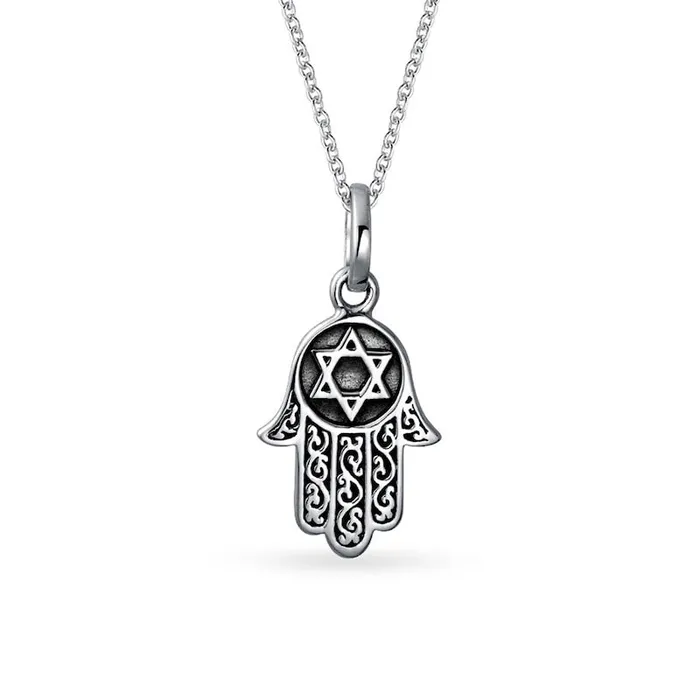 Goldia Necklaces Oxidized Filigree Hamsa with Star of David Pendant in Sterling Silver Goldia Necklaces Oxidized Filigree Hamsa with Star of David Pendant in Sterling Silver