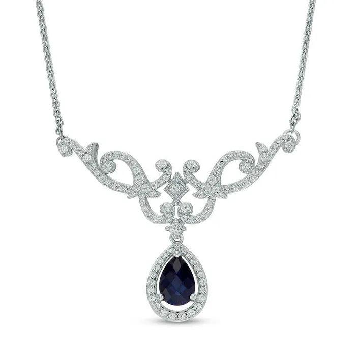 Goldia Necklaces PearShaped LabCreated Blue and White Sapphire Scroll Necklace in Sterling Silver 17 Goldia Necklaces PearShaped LabCreated Blue and White Sapphire Scroll Necklace in Sterling Silver 17