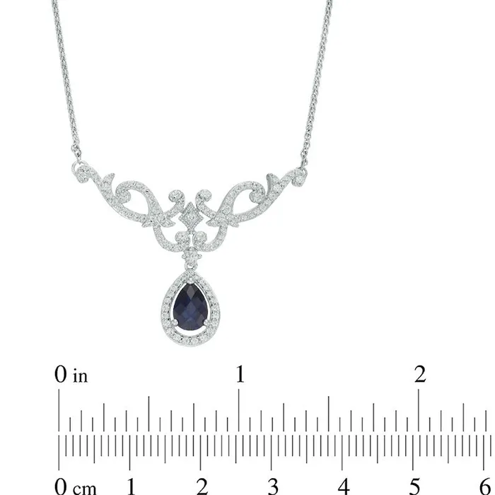 Goldia Necklaces PearShaped LabCreated Blue and White Sapphire Scroll Necklace in Sterling Silver 17 Goldia Necklaces PearShaped LabCreated Blue and White Sapphire Scroll Necklace in Sterling Silver 17