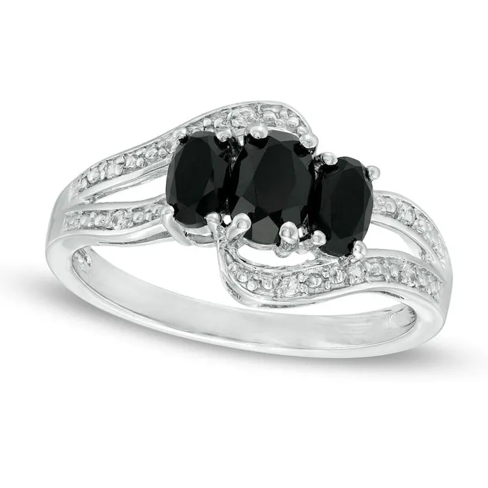 Goldia Oval Onyx and White Topaz Beaded Bypass Ring in Sterling Silver Rings Goldia Oval Onyx and White Topaz Beaded Bypass Ring in Sterling Silver Rings