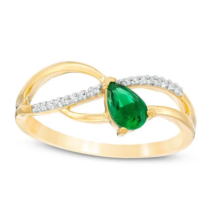 Goldia PearShaped LabCreated Emerald and 005 CT TW Diamond Wave Ribbon Split Shank Promise Ring in Solid 10K Yellow Gold Rings Goldia PearShaped LabCreated Emerald and 005 CT TW Diamond Wave Ribbon Split Shank Promise Ring in Solid 10K Yellow Gold Rings