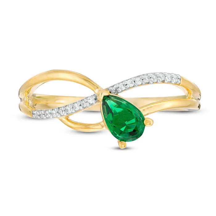 Goldia PearShaped LabCreated Emerald and 005 CT TW Diamond Wave Ribbon Split Shank Promise Ring in Solid 10K Yellow Gold Rings Goldia PearShaped LabCreated Emerald and 005 CT TW Diamond Wave Ribbon Split Shank Promise Ring in Solid 10K Yellow Gold Rings