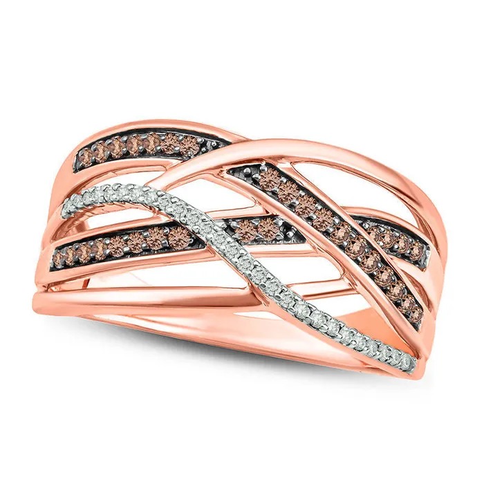 Goldia Rings 025 CT TW Champagne and White Natural Diamond Layered Crossover Ring in Sterling Silver with Solid 14K Rose Gold Plate