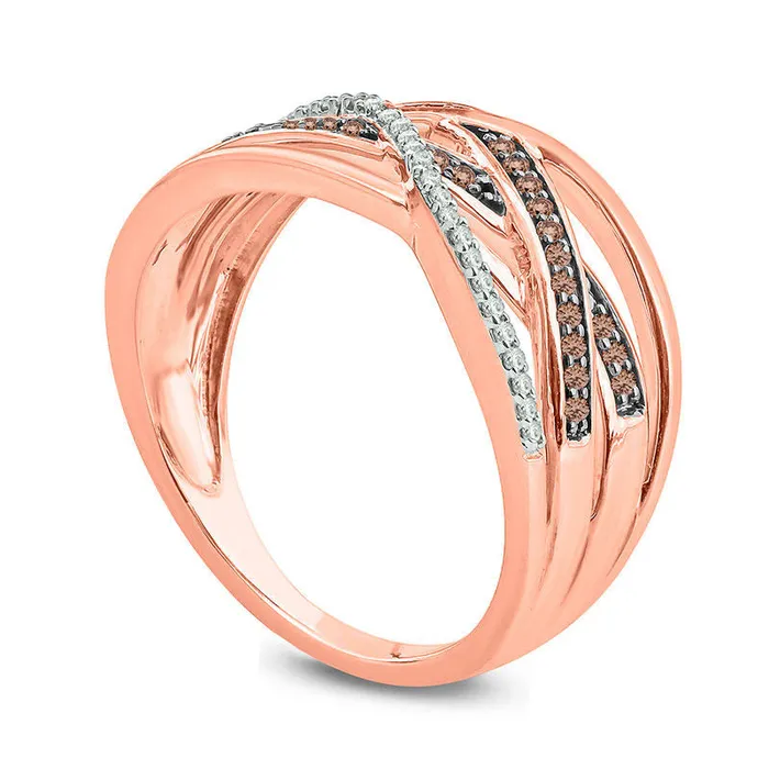 Goldia Rings 025 CT TW Champagne and White Natural Diamond Layered Crossover Ring in Sterling Silver with Solid 14K Rose Gold Plate