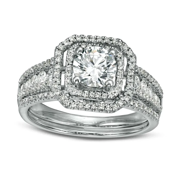 Goldia Rings 138 CT TW Natural Diamond Double Octagonal Frame MultiRow Bridal Engagement Ring Set in Solid 14K White Gold