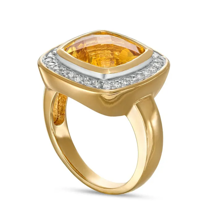 Goldia Rings 100mm CushionCut Citrine and 038 CT TW Natural Diamond Frame Ring in Solid 14K Gold Goldia Rings 100mm CushionCut Citrine and 038 CT TW Natural Diamond Frame Ring in Solid 14K Gold