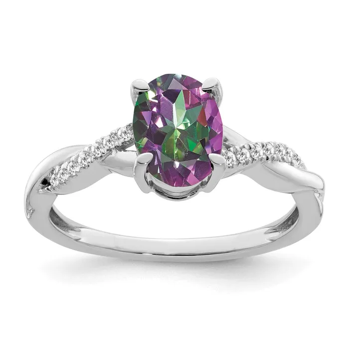 Goldia Rings 14k White Gold Oval Mystic Fire Topaz and Real Diamond Ring