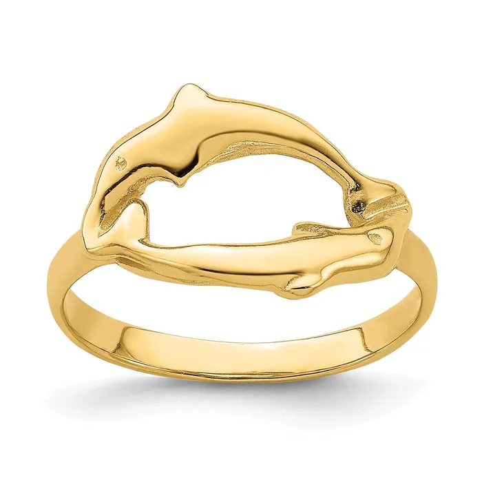 Goldia Rings 14K Yellow Gold Double Dolphin Circle Ring