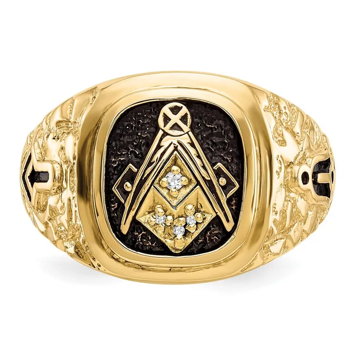Goldia Rings 14k Yellow Gold Polished Antiqued and Nugget Texture A Quality Diamond Masonic Ring