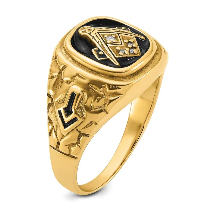 Goldia Rings 14k Yellow Gold Polished Antiqued and Nugget Texture A Quality Diamond Masonic Ring