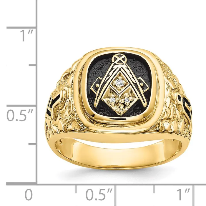 Goldia Rings 14k Yellow Gold Polished Antiqued and Nugget Texture A Quality Diamond Masonic Ring