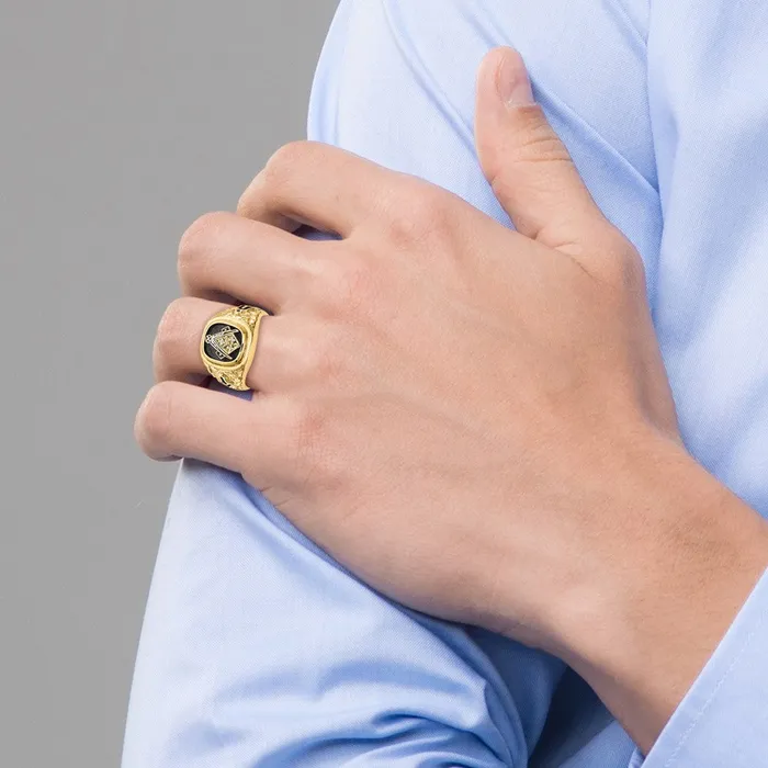 Goldia Rings 14k Yellow Gold Polished Antiqued and Nugget Texture A Quality Diamond Masonic Ring